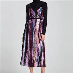 Zara Knit Sequin Stripe Multi Color Wrap Dress M